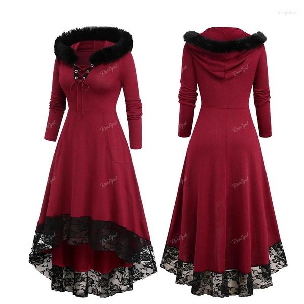 Vestidos Casuais Rosegal Plus Size Gola De Pele Profundo Vermelho Lace Up Floral Painel Ruched High Low Dress Mulheres Outono Inverno