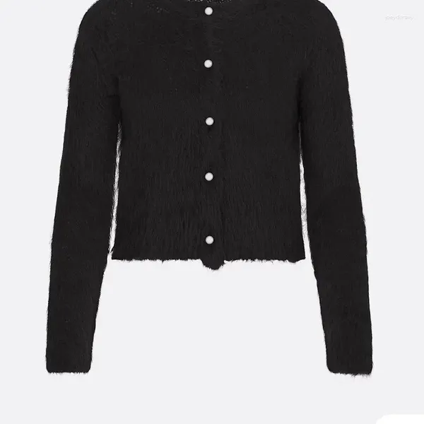 Malhas femininas mulheres y2k mistura de cabelo preto camisola moda pista pérola único breasted botão o colarinho cardigan simples emagrecimento topo