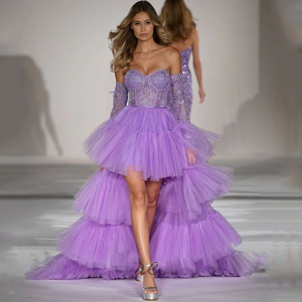 Roxo alto baixo vestidos de baile com manga longa querida em camadas uma linha vestido de ocasião especial renda apliques expostos desossa vestido de festa