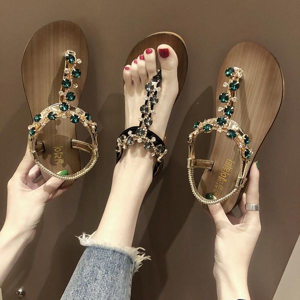 Sandálias Bohemian feminino Slippers de diamante feminino Herringbone clipe Toe Sapatos de praia de estilo étnico