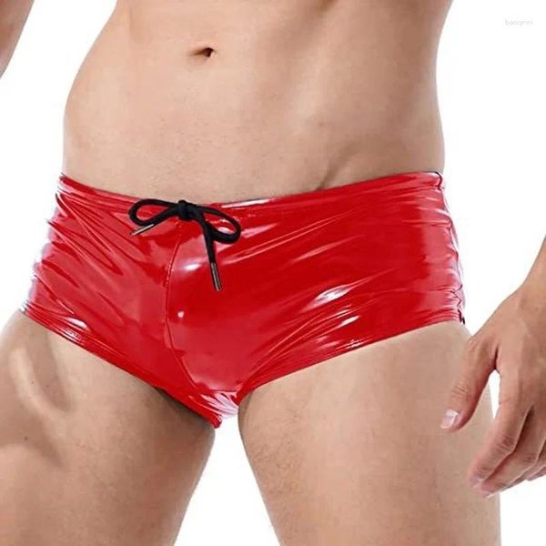 Mutande Plus Size 4XL Boxer Neri con coulisse Uomini sexy PU Pantaloncini intimi in ecopelle Guaina Cool Male Gay