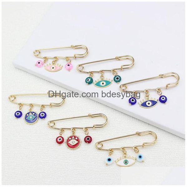 Pins, Broschen Großhandel Evil Eye Sicherheitsnadel Brosche Aqua Rosa Weiß Rot Blau Glasperlenbroschen Für Freunde Familie Geschenk Glücksschmuck Dhgcj