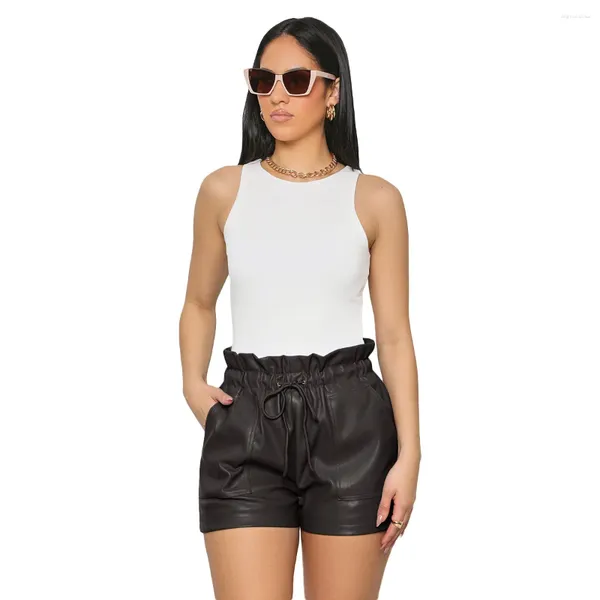 Shorts femininos 2023 elástico cintura alta perna larga biker outono pu couro mulheres femme casual senhoras preto curto mujer