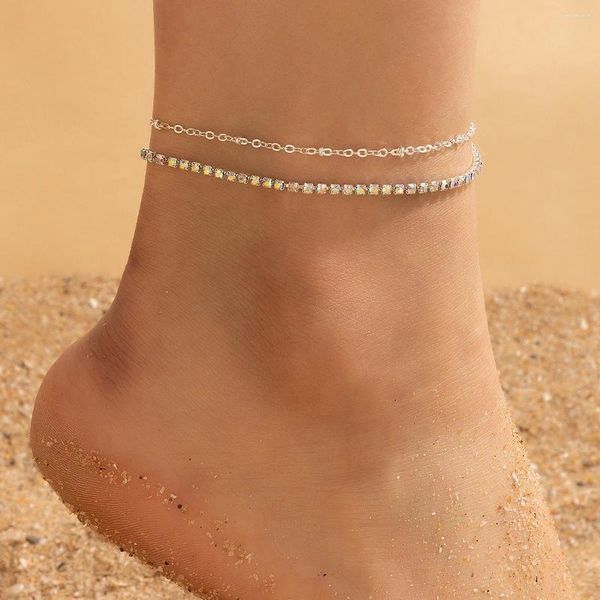 Tornozeleiras Kmvexo ins 2 camadas completa strass ab geométrico para mulheres bling cristal pé tornozelo perna pulseira corrente praia jóias