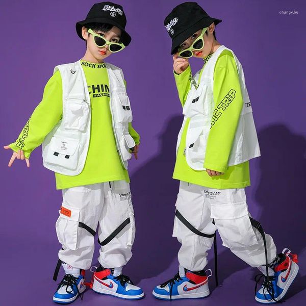 Bühnenkleidung Jungen Hip Hop Tanzkostüme Weißer Anzug Weste Tops Hosen Jazz Performance Outfit Moderne Kinder Hiphop Kleidung BL5479