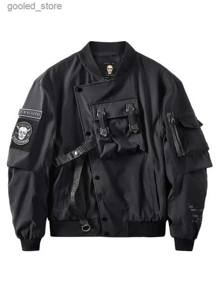 Jaquetas masculinas God of Death Bomber Jaqueta Peito Bolso Techwear Homens Punk Hip Hop Tactical Streetwear Preto Varsity Jaquetas Oversized MA1 Casacos Q231109