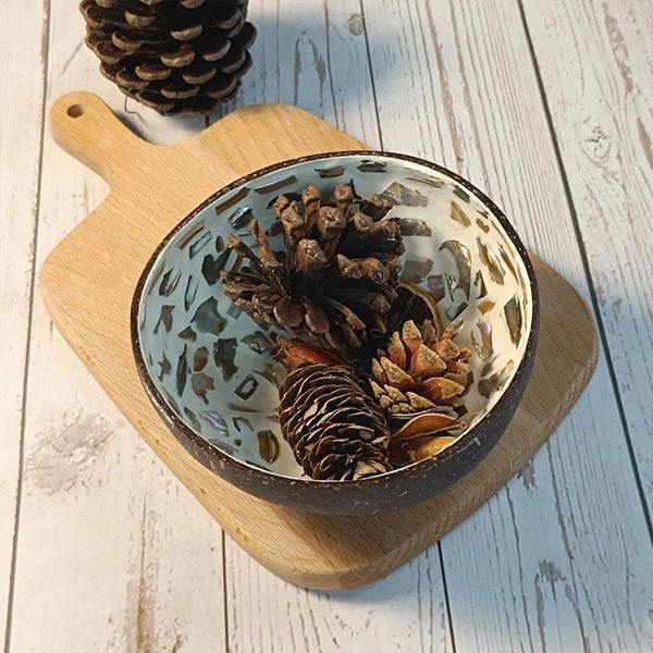 Schalen Kreative handgemachte Kokosnussschale Schüssel Kunst Malerei Holz Home Decor Aufbewahrungstablett Schmuck Heilung Kristall Stein Organizer