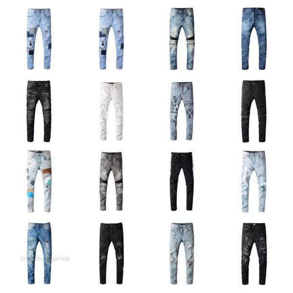 Jeans da uomo Designer Jeans da uomo Hiphop Moda Foro con cerniera Lavaggio Pantaloni Jean Retro Cuciture piegate strappate Design da uomo Moto da equitazione Cool Slim Viola per