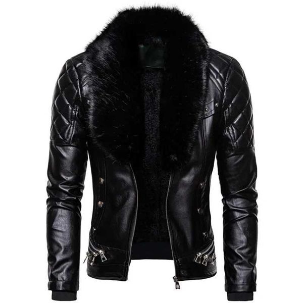 Chaquetas para hombres 2021 Nuevo diseño Bombardero de motocicleta Agregar chaqueta de cuero de lana Hombres Otoño Girar hacia abajo Cuello de piel Extraíble Slim Fit Masculino Cálido Pu Coatszln231108