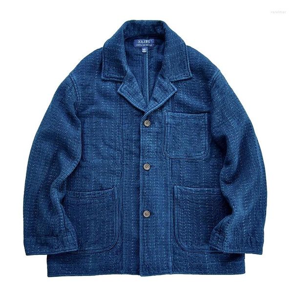 Abiti da uomo Blazer Blu indaco Sashiko Spessa vestibilità regolare Abito da lavoro francese Abito a sacco Giacca vintage autunno inverno