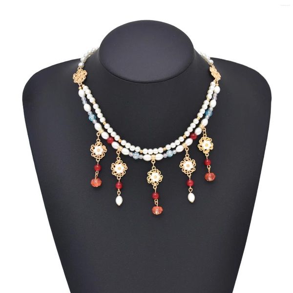 Halsband Mode Doppel Schicht Perle Perlen Quaste Halskette Für Frauen Hohle Blume Rote Laterne Perlen Fringe Halsketten Weiblichen Schmuck