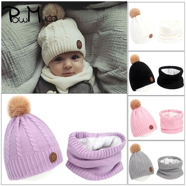 Berretti Cappelli Powmuco Moda per bambini Cappello e sciarpa in pelliccia Set in due pezzi Tinta unita Berretto in lana lavorato a maglia nato Bonnet Accessori per capelli per bambini 231108