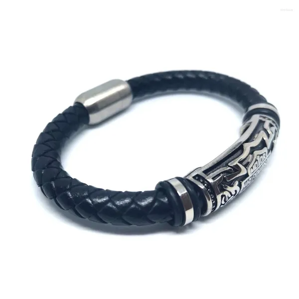 Braccialetti con ciondoli Megin D Acciaio inossidabile Tessuto in pelle Motor Cycle Rider Retro Bangle Bracciale da polso Catene Bracciale per uomo Donna Gioielli regalo