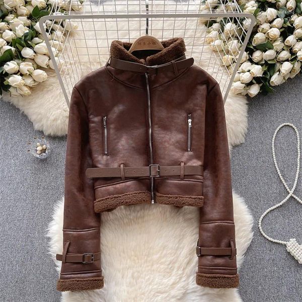 Damen Leder Kaffee Farbe Schwarz Herbst Winter Frauen Warm Faux Lamm Wolle Liner Jacke Stehkragen Langarm Weibliche Kurzmantel