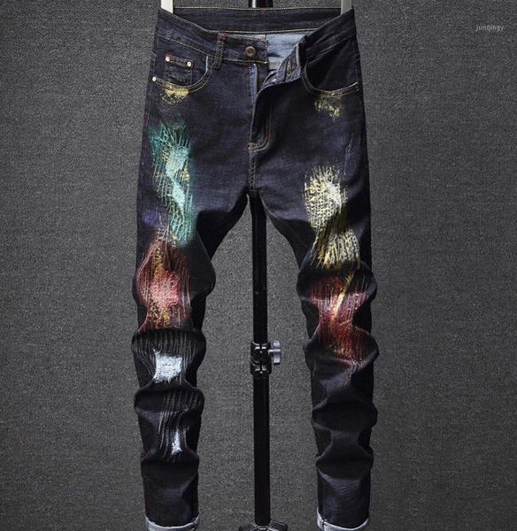 Jeans da uomo stile italiano pantaloni hip-hop pantaloni graffiati slim fit blu strappati dipinti oliati #1631