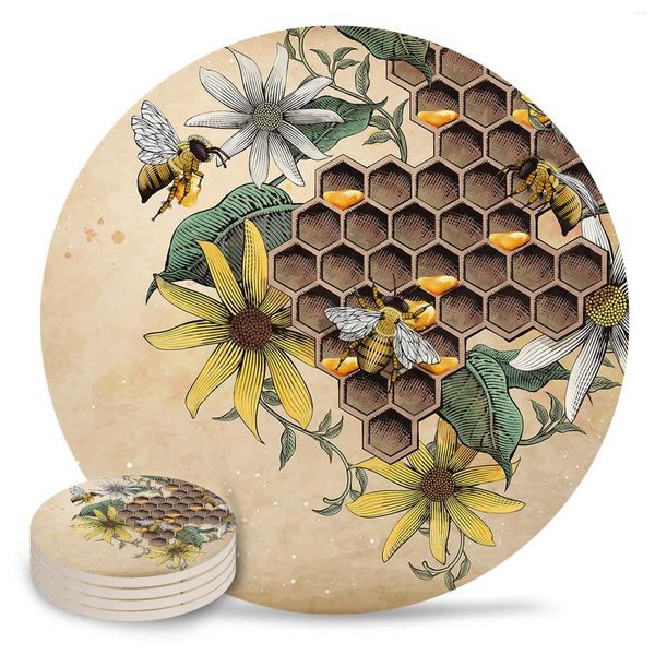 Tischsets, Honigbienenwaben-Insekten-Blumen-Keramik-Untersetzer-Set, runde, rutschfeste Tischsets, Kaffee-/Getränkebecher-Matte, Heimdekoration