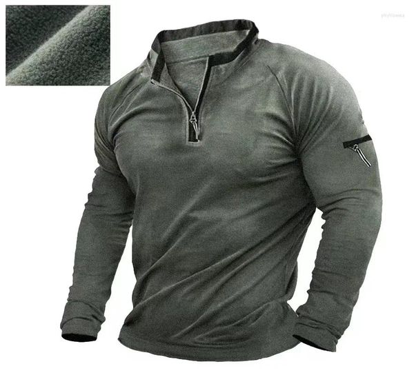 Hoodies masculinos com zíper suporte pescoço moletom escovado velo térmico tático vintage camisetas topos pulôver treinamento masculino roupas de mangas compridas