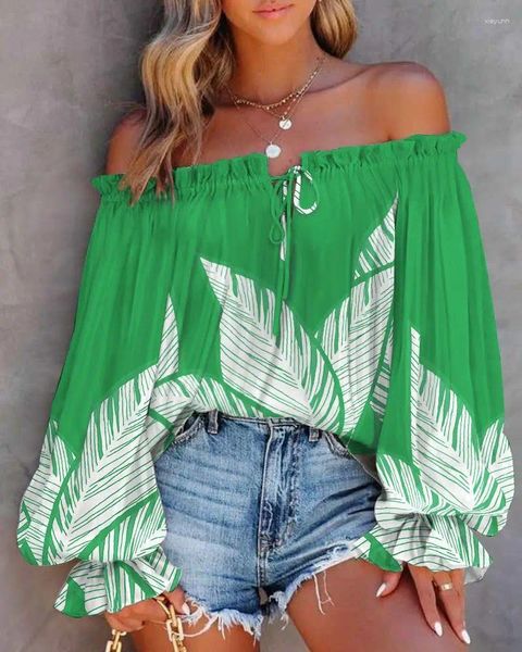 Damenblusen 2023 Frühling One Line Neck Flare Sleeve Long Lace Up Shirt Wear Fashion Off The Shoulder Bluse Tops