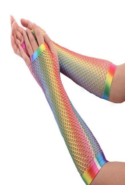 FashionRainbow Fishnet Fingerlose Handschuhe Sexy Bunte Glänzende Meerjungfrau Lange Halbfinger Handschuhe Braut Party Nachtclub Fishnet Gl3514507