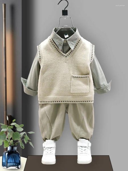 Set di abbigliamento Ragazzi Bambini Autunno Vestito per il tempo libero Gilet in maglia di cotone per bambini Pantaloni 3 pezzi