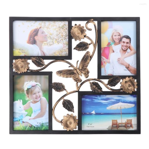 Frames Dekorativer Po-Rahmen mit 4 Öffnungen zum Aufhängen an der Wand, mit Blumen und Vintage-Collage-Familienbilderrahmen (schwarz) Fatal
