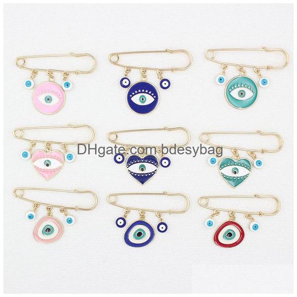 Pins, Broches Atacado Evil Eye Broche Azul Geométrico Redondo Coração Em Forma de Charme Pin de Segurança Lucky Jóias Emblema para amigos e família Dh7Sz