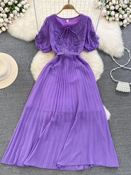 Abiti da festa Estate Donna Ricamo Abito lungo in chiffon pieghettato Vintage O-Collo Puff Manica corta Vita alta Drappeggiato Maxi Abiti Donna