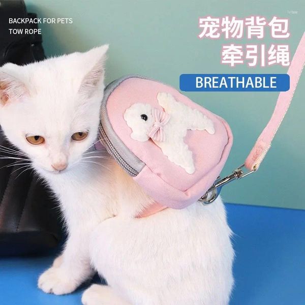 Coleira para cachorro e gato, respirável, corda de tração e mochila kawaii, colete ajustável, coleira para cachorro, caminhada ao ar livre, suprimentos para animais de estimação