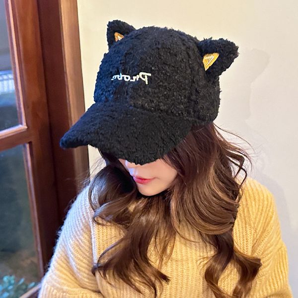 Gorra de béisbol de lana de cordero para mujer, gorro grueso, cálido, versátil, con orejas de gato, Otoño/Invierno