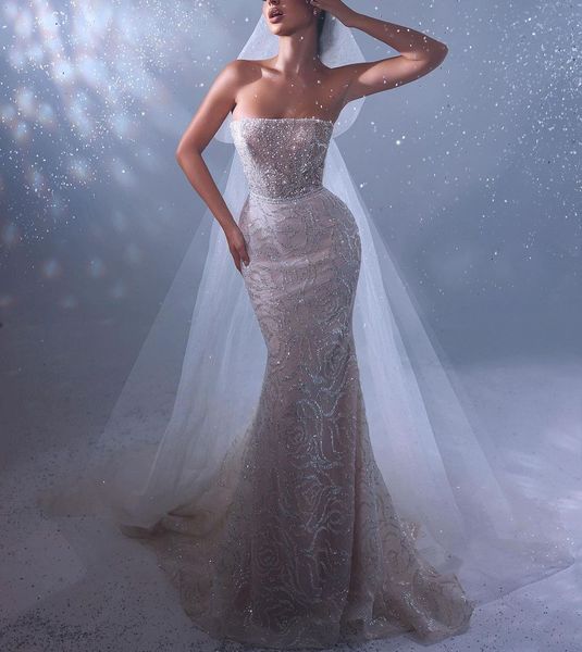 Eleganti abiti da sposa a sirena senza maniche Bateau senza spalline con perline paillettes appliques pizzo 3D con cerniera cava diamanti abiti da sposa taglie forti vestido de novia personalizzato