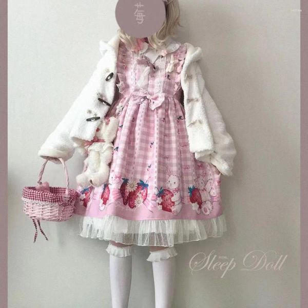 Vestidos casuais kawaii japonês lolita vestido meninas morango jsk mulheres harajuku sem mangas bonito 2023 cosplay vestido