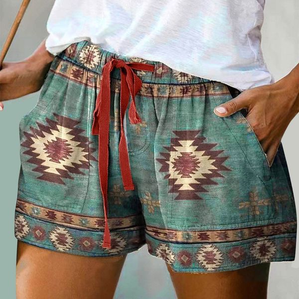 Damen Shorts Sommer Damen Casual Kordelzug Taille Shorts Bohemian Beach Print Denim Western Ethno Streetwear Bottom 230408