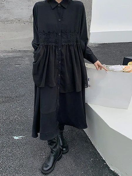 Vestidos casuais xitao preto chiffon retalhos camisa vestido solto moda turn-down colarinho laço único breasted 2023 outono wld9498