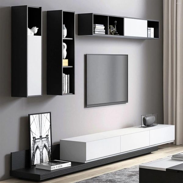 Armário de TV de alto brilho com laca preta moderna modular de placas decorativas com design de prateleiras de parede