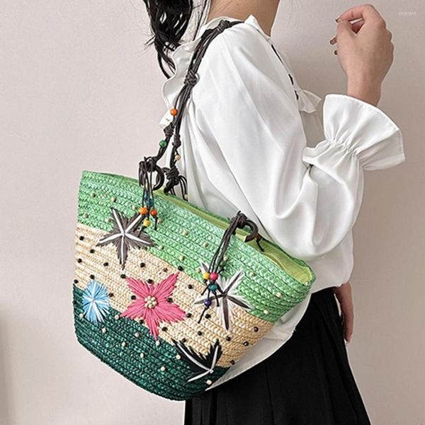 Borse da sera Borsa a tracolla con stella marina Ricamata a mano Paglia bohémien con perline Moda estiva Casual Semplice Elegante per le vacanze di viaggio