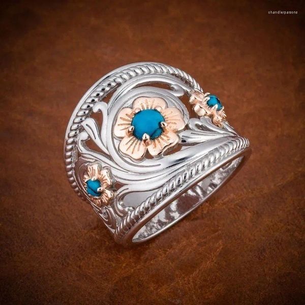 Anéis de cluster boêmio redondo pedra natural dedo para mulheres homens prata cor flor azul grânulo turquesa anel de casamento festa presente jóias