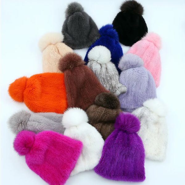 Beanie / Skull Caps 100% Real Mink Fur Hat Mulheres Inverno Malha Mink Fur Beanies Cap com Fox Fur Pom Poms Marca Grosso Feminino Cap Elastic 231108