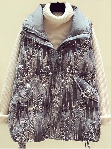 Gilet da donna Autunno Inverno Paillettes Gilet Gilet Moda Casual Media Lunghezza 2023 Giacca con maniche grandi con tasca da donna