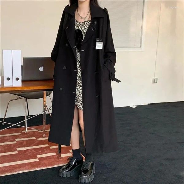 Trench da donna Moda semplice pendolarismo Edizione coreana Cappotto giacca a vento nero Lunghezza media Primavera Autunno Sottile A-line britannico Slim Fit