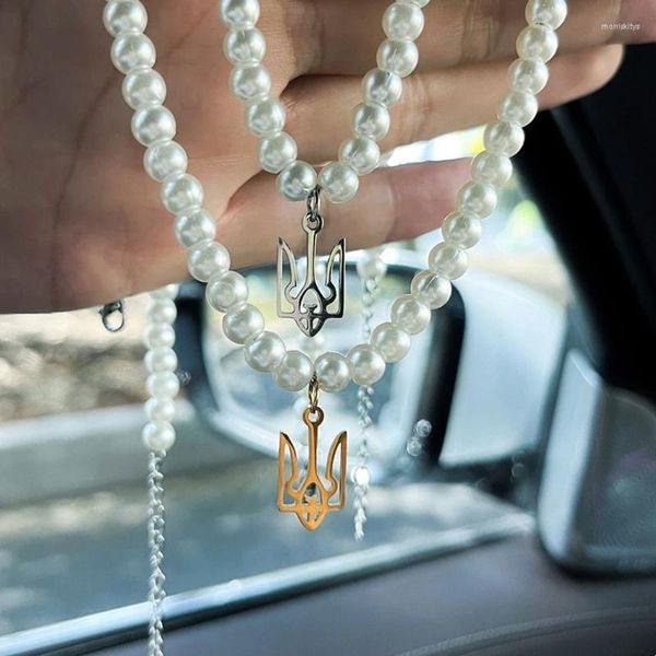 Correntes imitação de água doce pérola ucrânia emblema nacional colar de aço emblema padrão pingente pescoço banda jóias para mulheres