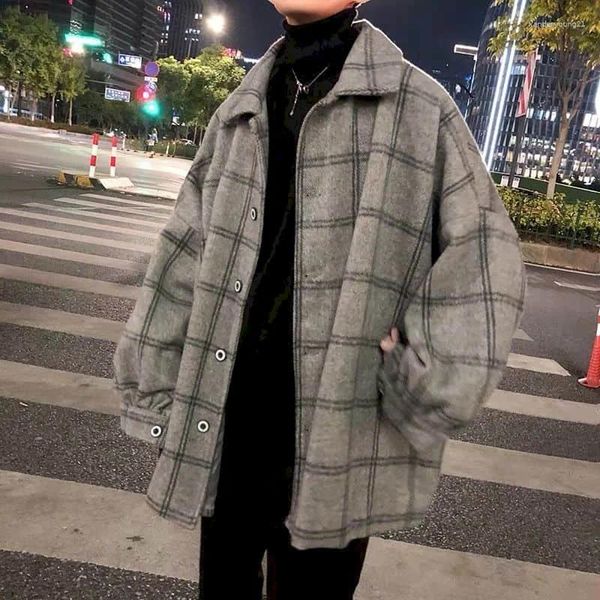 Männer Jacken Woolen Jacke Herbst Winter High Street Plus Samt Thicke Koreanische Lose Trend Harajuku Frauen Plaid Elegante Mantel