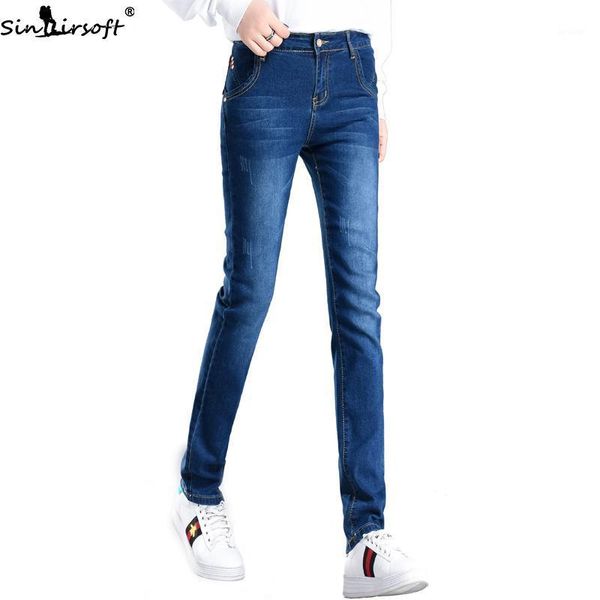 Jeans feminino 2023 Autumn Corean Cotton Stretch Fino Cantura alta reta Mulher Trendência