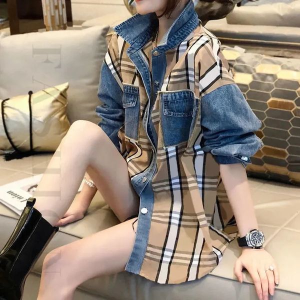 Damenjacken Denim Stitching Plaid Shirt Damen Europäischer Guter Frühling Herbst Koreanische Version Vielseitiges Design Nischen-Langarmshirt 231108