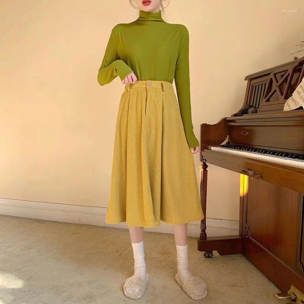 Vestidos de trabalho outono inverno versátil top mostarda verde undercoat feminino gengibre veludo saia médio longo
