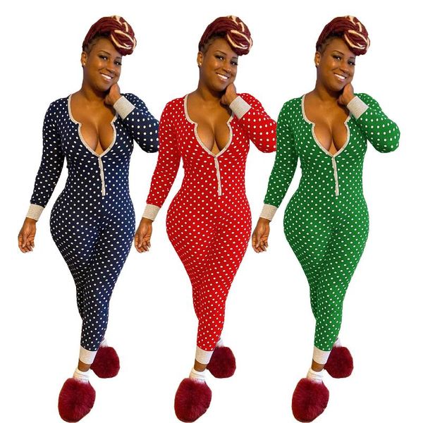 Damen Jumpsuits Strampler Weihnachten Langarm Einteilige Hose Wave Point Pyjamas Print Winter Damen Jumpsuit Strampler Festival Bodycon Play