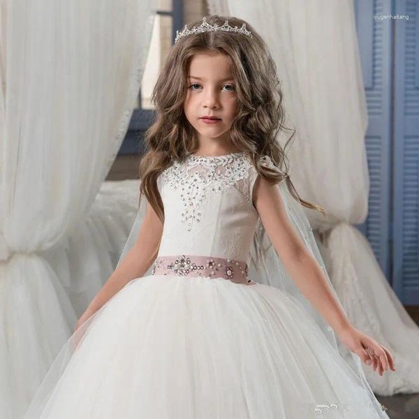 Abiti da ragazza Abito da sera con fascia in rilievo rosa Fiore Principessa Abito da ballo lungo in tulle gonfio Abito da sera per bambini con mantello in pizzo Vestido Princesa