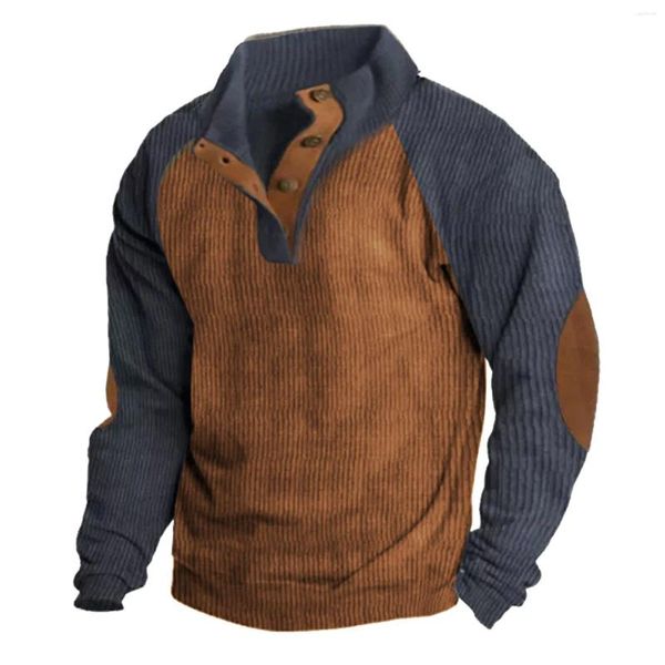 Felpe con cappuccio da uomo Pullover patchwork Camicie vintage con bottoni Colletto alla coreana Maglione da cowboy etnico occidentale Felpa con cappuccio da allenamento per il tempo libero Sudaderas