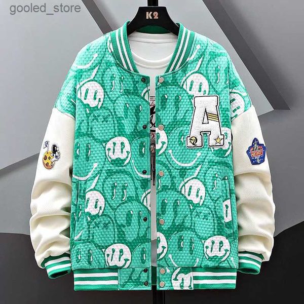 Giacche da uomo ricamate patch combinate giacca bomber da uomo primavera volto sorridente vestiti da baseball trendy streetwear da uomo moda coppia cappotto Q231109