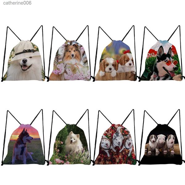 Mochilas personalizadas Kawaii Pomeranian / Chihuahua Dog Shoes Bags School Book Bag Travel Dachshund Dog Storage Drawstring Pocket Backpack KidsL231108