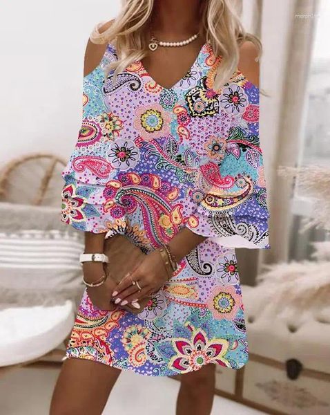 Vestidos casuais colorido paisley impressão frio ombro babados vestido causal para senhoras de verão moda feminina uma linha mini férias
